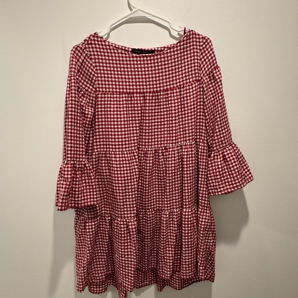 Zara Red Gingham Ruffle Dress XS